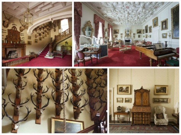 Interiors at Brodick Castle, including the grand staircase, which is lined with stag heads. Photos courtesy of John Sinclair.