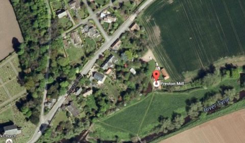 Preston Mill & Phantassie Doocot site seen from above with neighboring village and infrastructure. Image via Google Maps