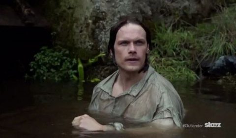 Jamie in the freezing mill pond - rather him than us! Image via Outlander Online