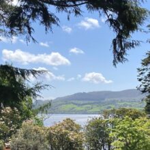 A view from Brodick Castle overlooking bushes, trees, and the Firth of Clyde